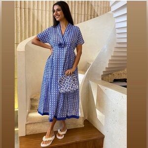 Zen Ethic PomPom blue and white patterned dress.